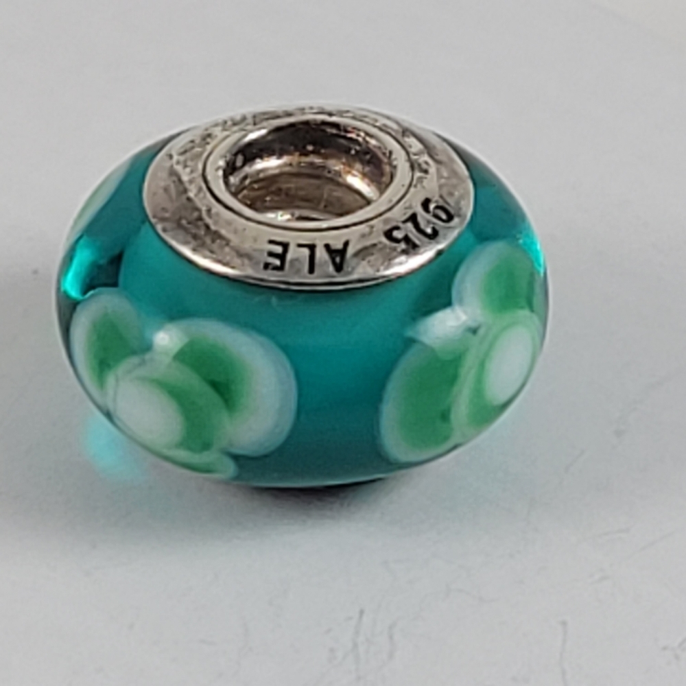 Pandora Silver Teal Flower Murano Glass Bead - Picture 7 of 7